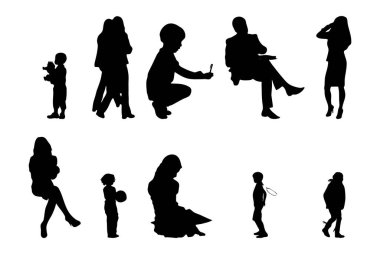 Vektör siluetleri, insanların ana hatları, Contour çizimleri, insanların siluetleri, ikon kümesi izole edilmiş, oturan insanların silueti, mimari set