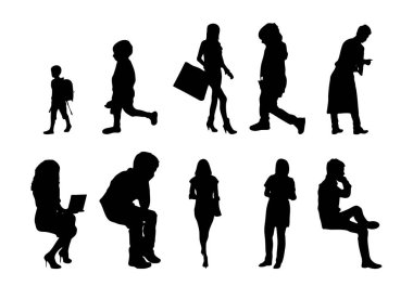 Vektör siluetleri, insanların ana hatları, Contour çizimleri, insanların siluetleri, ikon kümesi izole edilmiş, oturan insanların silueti, mimari set
