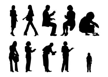 Vektör siluetleri, insanların ana hatları, Contour çizimleri, insanların siluetleri, ikon kümesi izole edilmiş, oturan insanların silueti, mimari set