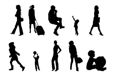 Vektör siluetleri, insanların ana hatları, Contour çizimleri, insanların siluetleri, ikon kümesi izole edilmiş, oturan insanların silueti, mimari set