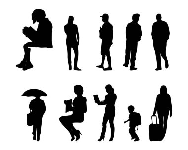 Vektör siluetleri, insanların ana hatları, Contour çizimleri, insanların siluetleri, ikon kümesi izole edilmiş, oturan insanların silueti, mimari set