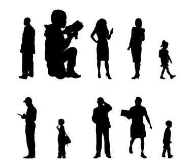 Vektör siluetleri, insanların ana hatları, Contour çizimleri, insanların siluetleri, ikon kümesi izole edilmiş, oturan insanların silueti, mimari set