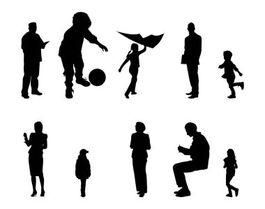 Vektör siluetleri, insanların ana hatları, Contour çizimleri, insanların siluetleri, ikon kümesi izole edilmiş, oturan insanların silueti, mimari set