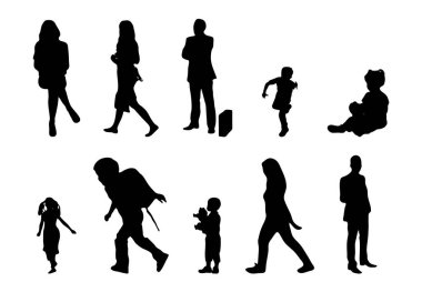 Vektör siluetleri, insanların ana hatları, Contour çizimleri, insanların siluetleri, ikon kümesi izole edilmiş, oturan insanların silueti, mimari set