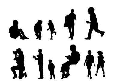 Vektör siluetleri, insanların ana hatları, Contour çizimleri, insanların siluetleri, ikon kümesi izole edilmiş, oturan insanların silueti, mimari set