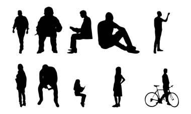 Vektör siluetleri, insanların ana hatları, Contour çizimleri, insanların siluetleri, ikon kümesi izole edilmiş, oturan insanların silueti, mimari set