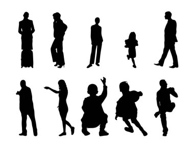 Vektör siluetleri, insanların ana hatları, Contour çizimleri, insanların siluetleri, ikon kümesi izole edilmiş, oturan insanların silueti, mimari set