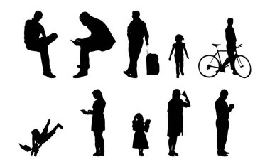 Vektör siluetleri, insanların ana hatları, Contour çizimleri, insanların siluetleri, ikon kümesi izole edilmiş, oturan insanların silueti, mimari set