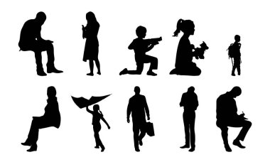 Vektör siluetleri, insanların ana hatları, Contour çizimleri, insanların siluetleri, ikon kümesi izole edilmiş, oturan insanların silueti, mimari set