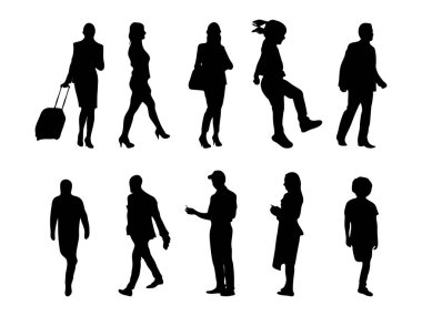 Vektör siluetleri, insanların ana hatları, Contour çizimleri, insanların siluetleri, ikon kümesi izole edilmiş, oturan insanların silueti, mimari set