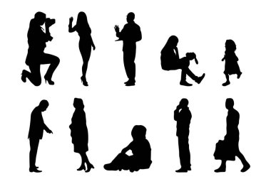 Vektör siluetleri, insanların ana hatları, Contour çizimleri, insanların siluetleri, ikon kümesi izole edilmiş, oturan insanların silueti, mimari set