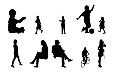 Vektör siluetleri, insanların ana hatları, Contour çizimleri, insanların siluetleri, ikon kümesi izole edilmiş, oturan insanların silueti, mimari set