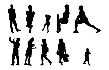 Vektör siluetleri, insanların ana hatları, Contour çizimleri, insanların siluetleri, ikon kümesi izole edilmiş, oturan insanların silueti, mimari set