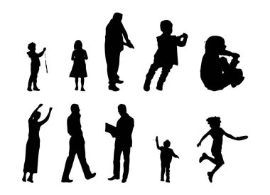 Vektör siluetleri, insanların ana hatları, Contour çizimleri, insanların siluetleri, ikon kümesi izole edilmiş, oturan insanların silueti, mimari set