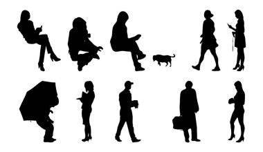 Vektör siluetleri, insanların ana hatları, Contour çizimleri, insanların siluetleri, ikon kümesi izole edilmiş, oturan insanların silueti, mimari set