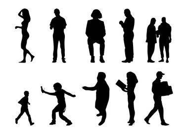 Vektör siluetleri, insanların ana hatları, Contour çizimleri, insanların siluetleri, ikon kümesi izole edilmiş, oturan insanların silueti, mimari set
