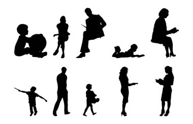 Vektör siluetleri, insanların ana hatları, Contour çizimleri, insanların siluetleri, ikon kümesi izole edilmiş, oturan insanların silueti, mimari set