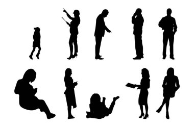 Vektör siluetleri, insanların ana hatları, Contour çizimleri, insanların siluetleri, ikon kümesi izole edilmiş, oturan insanların silueti, mimari set