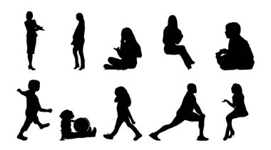 Vektör siluetleri, insanların ana hatları, Contour çizimleri, insanların siluetleri, ikon kümesi izole edilmiş, oturan insanların silueti, mimari set