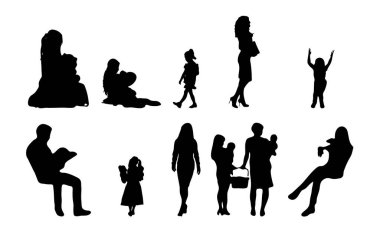 Vektör siluetleri, insanların ana hatları, Contour çizimleri, insanların siluetleri, ikon kümesi izole edilmiş, oturan insanların silueti, mimari set