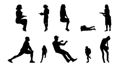 Vektör siluetleri, insanların ana hatları, Contour çizimleri, insanların siluetleri, ikon kümesi izole edilmiş, oturan insanların silueti, mimari set