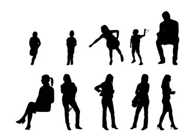 Vektör siluetleri, insanların ana hatları, Contour çizimleri, insanların siluetleri, ikon kümesi izole edilmiş, oturan insanların silueti, mimari set