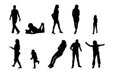 Vektör siluetleri, insanların ana hatları, Contour çizimleri, insanların siluetleri, ikon kümesi izole edilmiş, oturan insanların silueti, mimari set