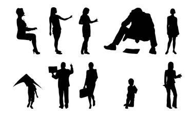Vektör siluetleri, insanların ana hatları, Contour çizimleri, insanların siluetleri, ikon kümesi izole edilmiş, oturan insanların silueti, mimari set