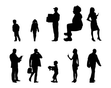 Vektör siluetleri, insanların ana hatları, Contour çizimleri, insanların siluetleri, ikon kümesi izole edilmiş, oturan insanların silueti, mimari set