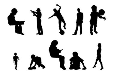 Vektör siluetleri, insanların ana hatları, Contour çizimleri, insanların siluetleri, ikon kümesi izole edilmiş, oturan insanların silueti, mimari set