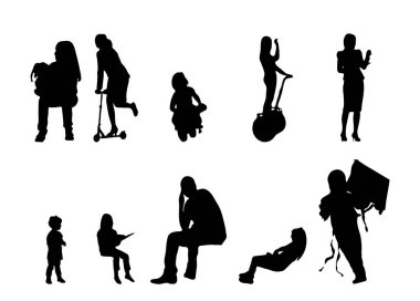 Vektör siluetleri, insanların ana hatları, Contour çizimleri, insanların siluetleri, ikon kümesi izole edilmiş, oturan insanların silueti, mimari set