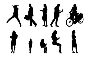 Vektör siluetleri, insanların ana hatları, Contour çizimleri, insanların siluetleri, ikon kümesi izole edilmiş, oturan insanların silueti, mimari set