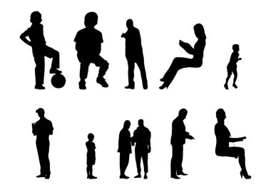 Vektör siluetleri, insanların ana hatları, Contour çizimleri, insanların siluetleri, ikon kümesi izole edilmiş, oturan insanların silueti, mimari set