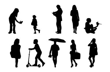 Vektör siluetleri, insanların ana hatları, Contour çizimleri, insanların siluetleri, ikon kümesi izole edilmiş, oturan insanların silueti, mimari set