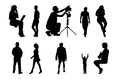 Vektör siluetleri, insanların ana hatları, Contour çizimleri, insanların siluetleri, ikon kümesi izole edilmiş, oturan insanların silueti, mimari set