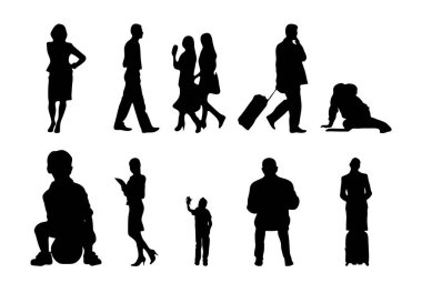 Vektör siluetleri, insanların ana hatları, Contour çizimleri, insanların siluetleri, ikon kümesi izole edilmiş, oturan insanların silueti, mimari set