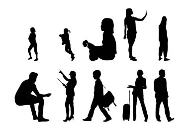 Vektör siluetleri, insanların ana hatları, Contour çizimleri, insanların siluetleri, ikon kümesi izole edilmiş, oturan insanların silueti, mimari set