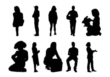 Vektör siluetleri, insanların ana hatları, Contour çizimleri, insanların siluetleri, ikon kümesi izole edilmiş, oturan insanların silueti, mimari set