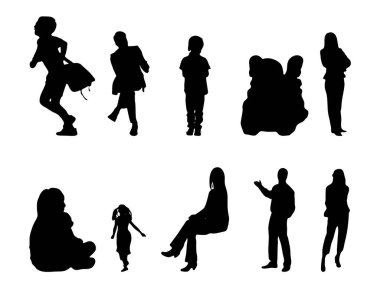Vektör siluetleri, insanların ana hatları, Contour çizimleri, insanların siluetleri, ikon kümesi izole edilmiş, oturan insanların silueti, mimari set