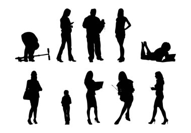 Vektör siluetleri, insanların ana hatları, Contour çizimleri, insanların siluetleri, ikon kümesi izole edilmiş, oturan insanların silueti, mimari set