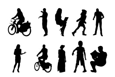 Vektör siluetleri, insanların ana hatları, Contour çizimleri, insanların siluetleri, ikon kümesi izole edilmiş, oturan insanların silueti, mimari set