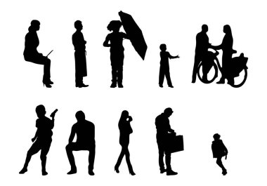 Vektör siluetleri, insanların ana hatları, Contour çizimleri, insanların siluetleri, ikon kümesi izole edilmiş, oturan insanların silueti, mimari set