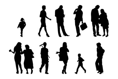 Vektör siluetleri, insanların ana hatları, Contour çizimleri, insanların siluetleri, ikon kümesi izole edilmiş, oturan insanların silueti, mimari set