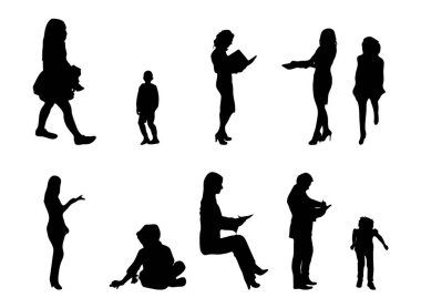 Vektör siluetleri, insanların ana hatları, Contour çizimleri, insanların siluetleri, ikon kümesi izole edilmiş, oturan insanların silueti, mimari set