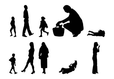 Vektör siluetleri, insanların ana hatları, Contour çizimleri, insanların siluetleri, ikon kümesi izole edilmiş, oturan insanların silueti, mimari set