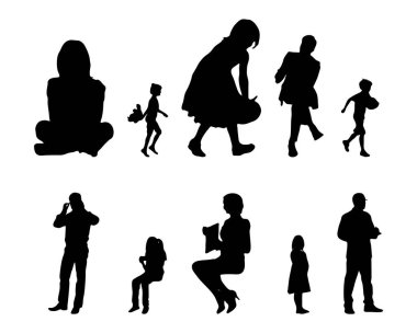 Vektör siluetleri, insanların ana hatları, Contour çizimleri, insanların siluetleri, ikon kümesi izole edilmiş, oturan insanların silueti, mimari set