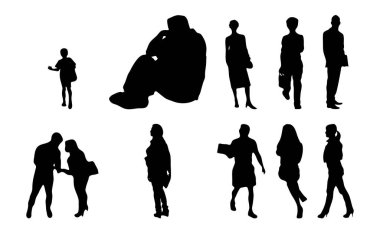 Vektör siluetleri, insanların ana hatları, Contour çizimleri, insanların siluetleri, ikon kümesi izole edilmiş, oturan insanların silueti, mimari set