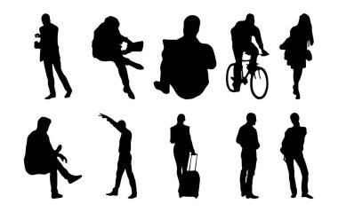 Vektör siluetleri, insanların ana hatları, Contour çizimleri, insanların siluetleri, ikon kümesi izole edilmiş, oturan insanların silueti, mimari set