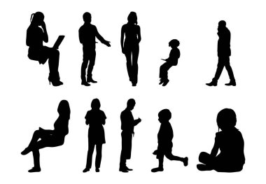 Vektör siluetleri, insanların ana hatları, Contour çizimleri, insanların siluetleri, ikon kümesi izole edilmiş, oturan insanların silueti, mimari set