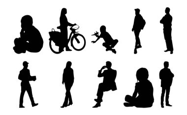 Vektör siluetleri, insanların ana hatları, Contour çizimleri, insanların siluetleri, ikon kümesi izole edilmiş, oturan insanların silueti, mimari set